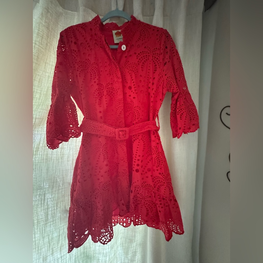 FARM Rio Red Eyelet Belted Dress